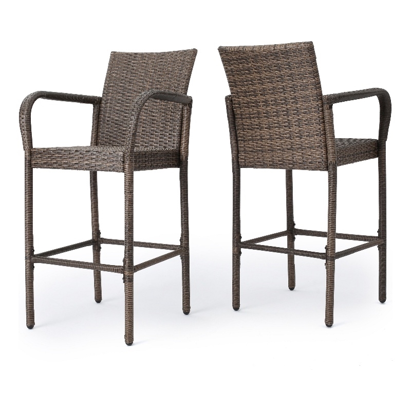 Benjara Drip Outdoor Barstool Chair Set of 2- Brown PE Rattan Woven and Iron
