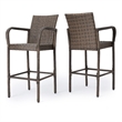 Benjara Drip Outdoor Barstool Chair Set of 2- Brown PE Rattan Woven and Iron