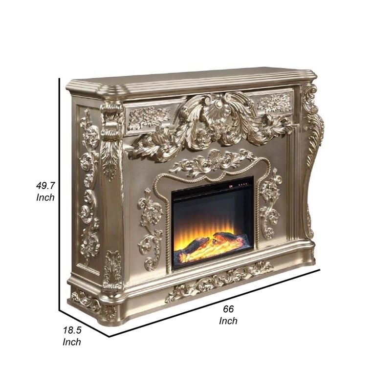 Benjara Esen LED Electric Fireplace- Scrolled Classical Silver Wood- 66 Inch