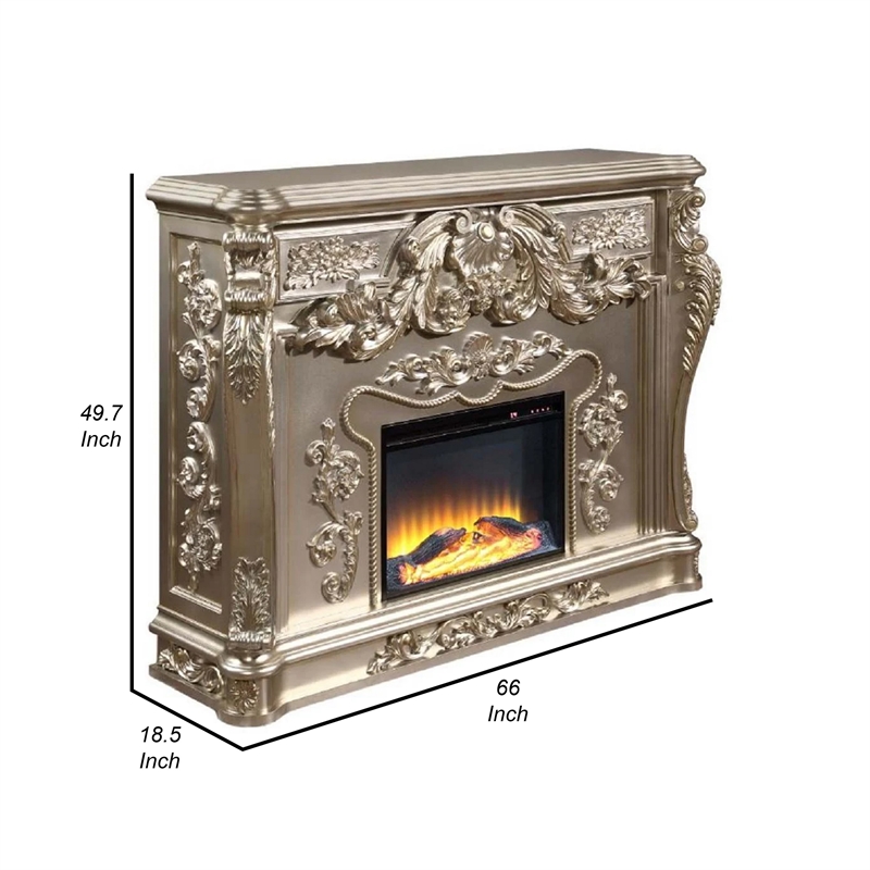 Benjara Esen LED Electric Fireplace- Scrolled Classical Silver Wood- 66 Inch