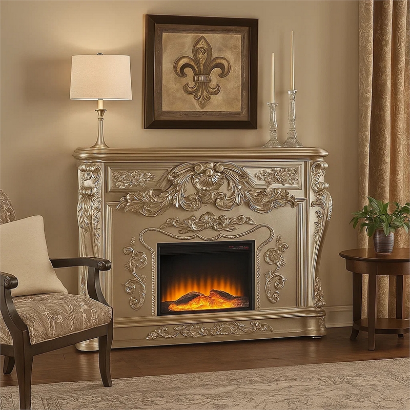 Benjara Esen LED Electric Fireplace- Scrolled Classical Silver Wood- 66 Inch