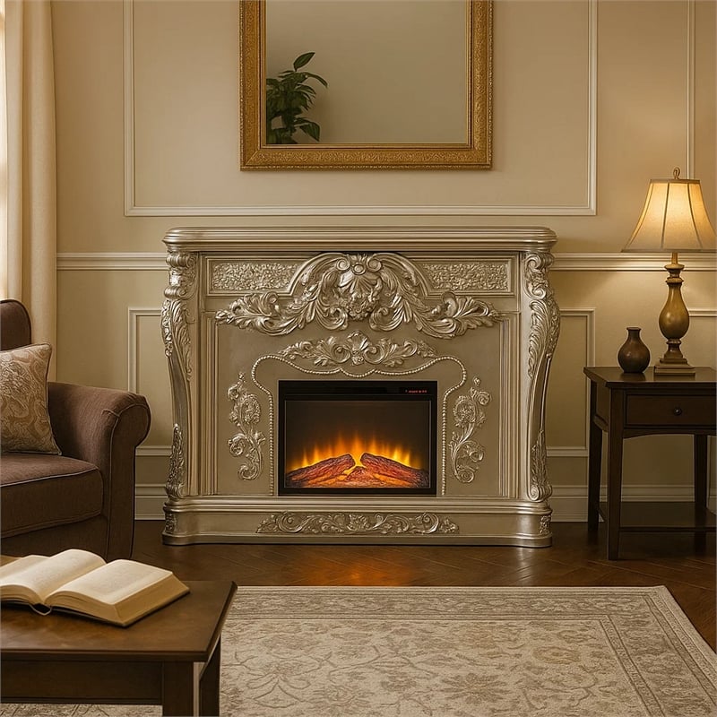 Benjara Esen LED Electric Fireplace- Scrolled Classical Silver Wood- 66 Inch