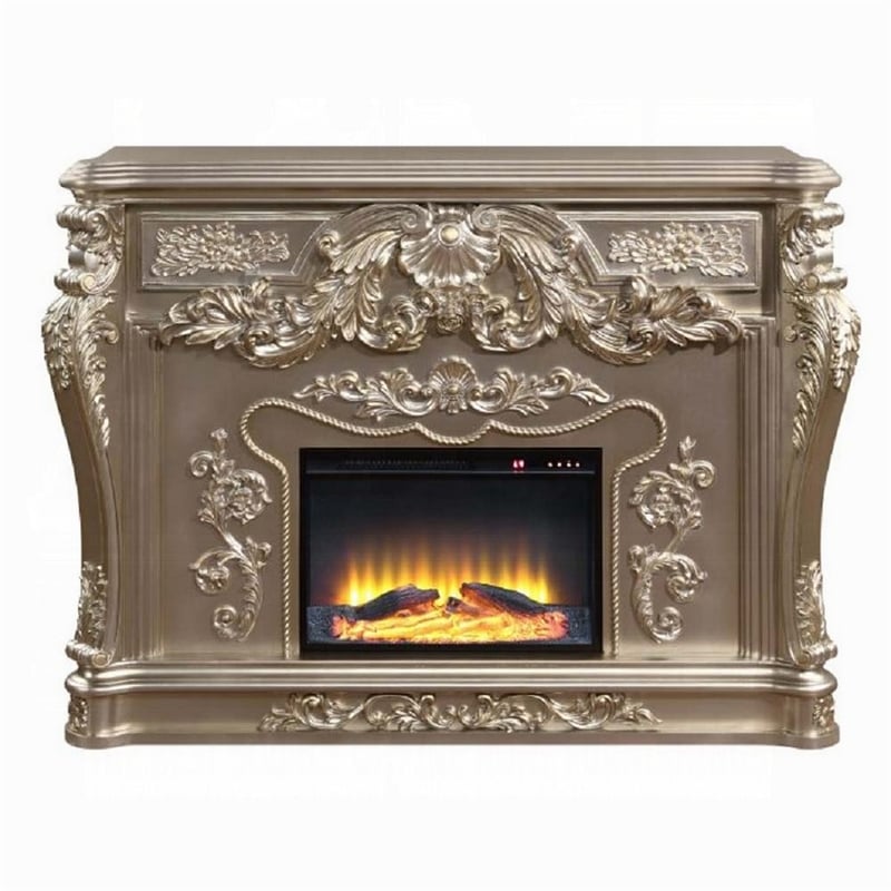 Benjara Esen LED Electric Fireplace- Scrolled Classical Silver Wood- 66 Inch