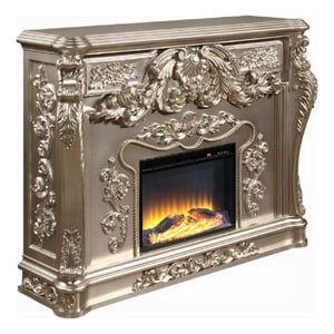 Benjara Esen LED Electric Fireplace- Scrolled Classical Silver Wood- 66 Inch