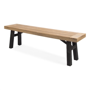 Benjara Wren Outdoor Bench with Slatted Top- 63&quot Brown Acacia Wood- Black