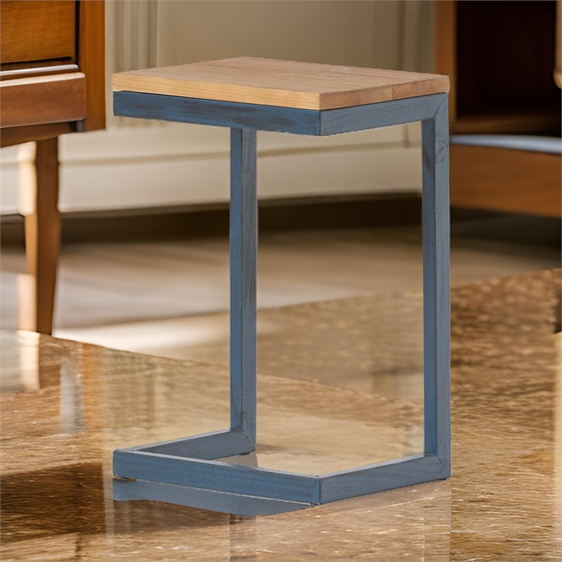 Benjara Small Accent End Table- 13 Inch- C Shaped Iron Legs- Black- Brown Wood