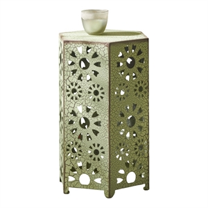 Benjara Liana Outdoor Side Table- Hexagonal 14 Inch- Sunburst Cut Out- Green