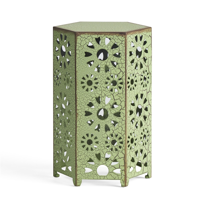 Benjara Liana Outdoor Side Table- Hexagonal 12 Inch- Sunburst Cut Out- Green