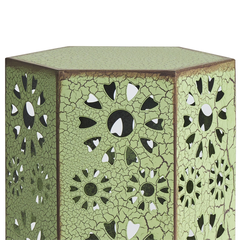 Benjara Liana Outdoor Side Table- Hexagonal 12 Inch- Sunburst Cut Out- Green