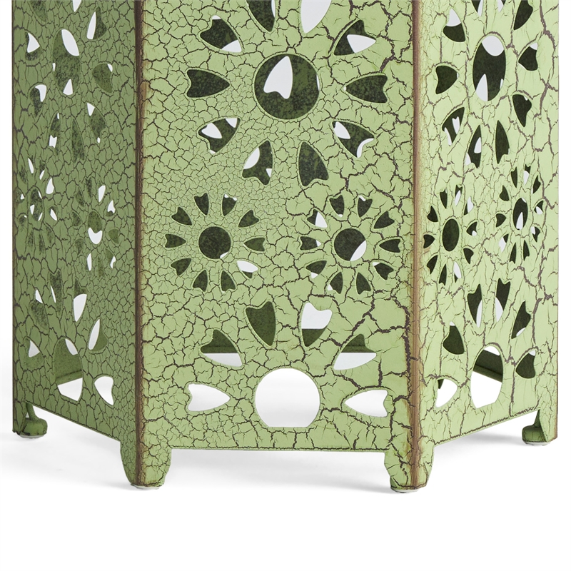 Benjara Liana Outdoor Side Table- Hexagonal 12 Inch- Sunburst Cut Out- Green