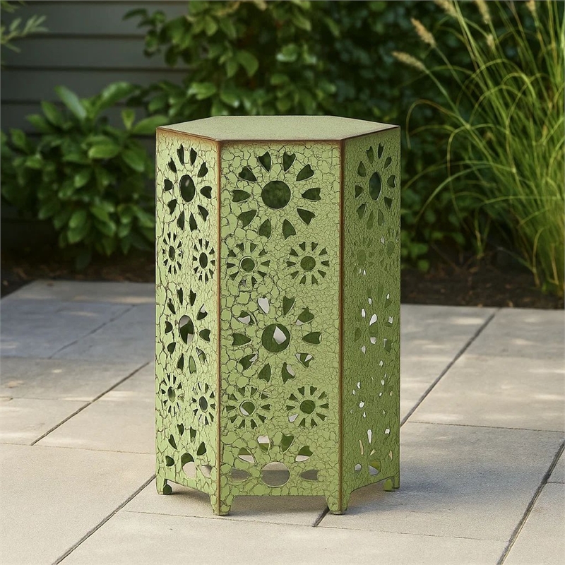Benjara Liana Outdoor Side Table- Hexagonal 12 Inch- Sunburst Cut Out- Green