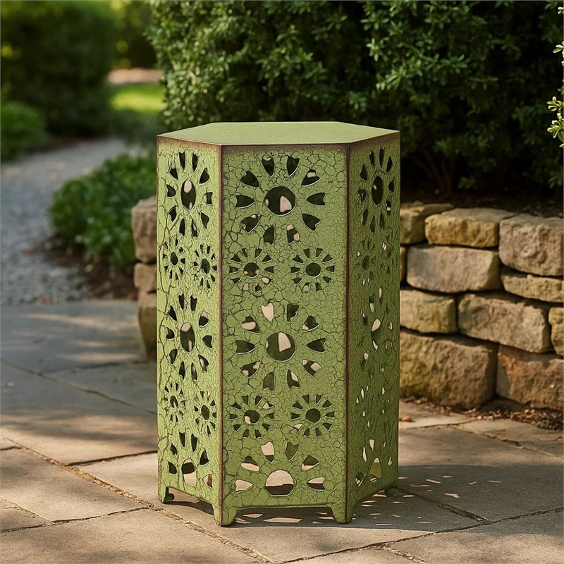 Benjara Liana Outdoor Side Table- Hexagonal 12 Inch- Sunburst Cut Out- Green