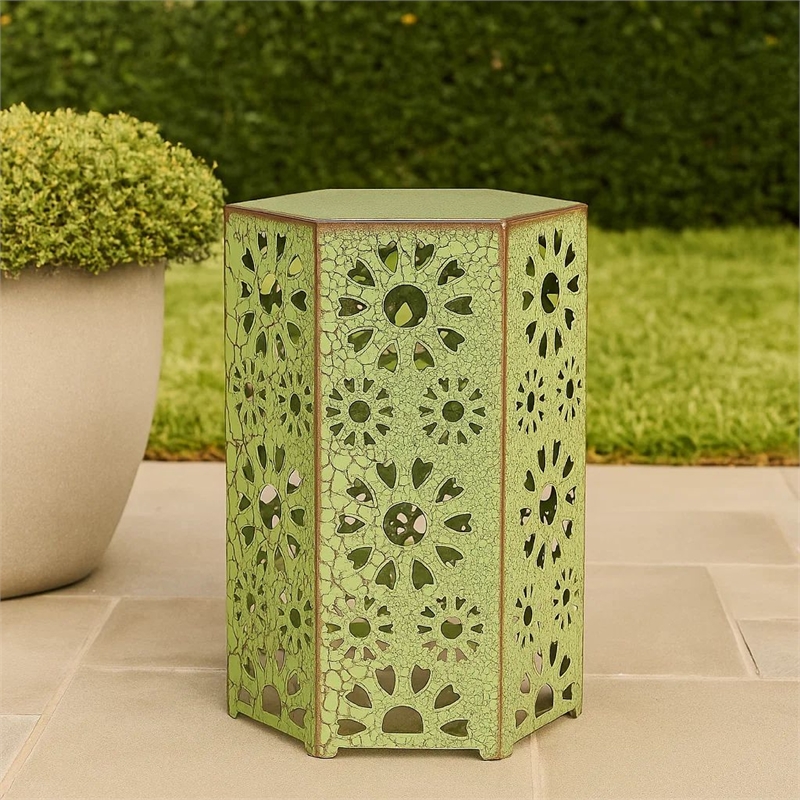 Benjara Liana Outdoor Side Table- Hexagonal 12 Inch- Sunburst Cut Out- Green