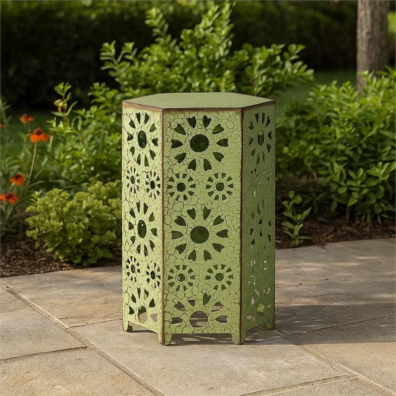 Benjara Liana Outdoor Side Table- Hexagonal 12 Inch- Sunburst Cut Out- Green