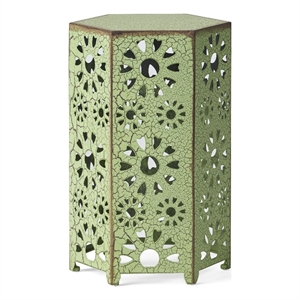 Benjara Liana Outdoor Side Table- Hexagonal 12 Inch- Sunburst Cut Out- Green