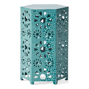 Benjara Liana Outdoor Side Table- Hexagonal 14 Inch- Sunburst Cut Out- Teal
