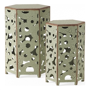Benjara Silva Accent Table Set of 2- Hexagonal Top- Cut Pattern- Green Iron