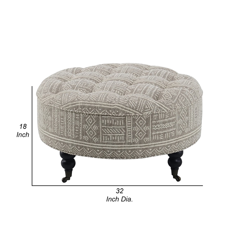 Benjara Savoir Ottoman- Beige- White Fabric- Caster Wheels- Black Legs 32 Inch