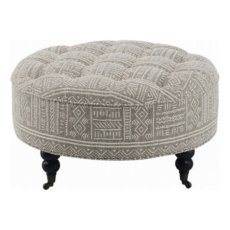 Benjara Savoir Ottoman- Beige- White Fabric- Caster Wheels- Black Legs 32 Inch