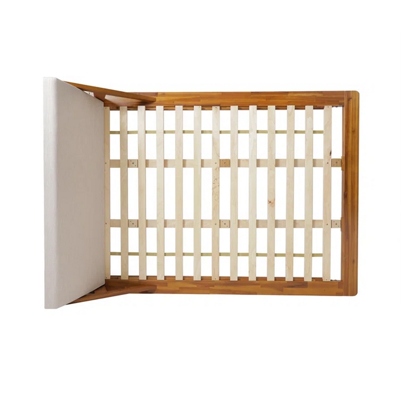 Benjara Queen Size Bed- Beige Upholstered Headboard- Natural Brown Acacia Wood