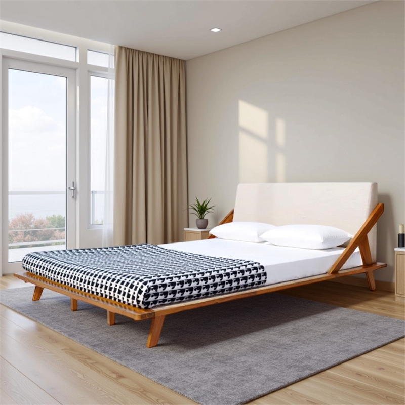 Benjara Queen Size Bed- Beige Upholstered Headboard- Natural Brown Acacia Wood