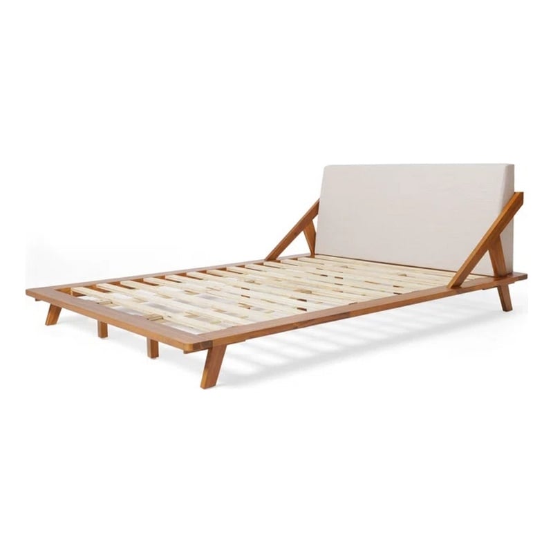 Benjara Queen Size Bed- Beige Upholstered Headboard- Natural Brown Acacia Wood