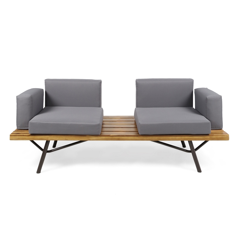 Benjara Outdoor Loveseat and Coffee Table Set- Acacia Wood- Black Iron- Gray