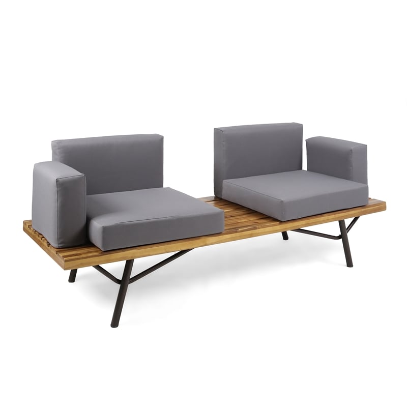 Benjara Outdoor Loveseat and Coffee Table Set- Acacia Wood- Black Iron- Gray
