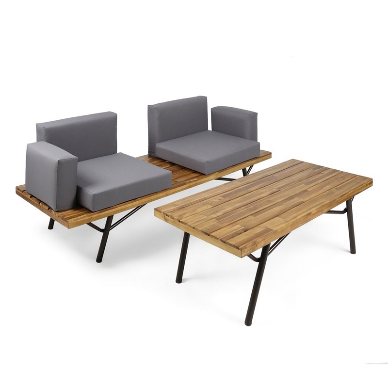 Benjara Outdoor Loveseat and Coffee Table Set- Acacia Wood- Black Iron- Gray