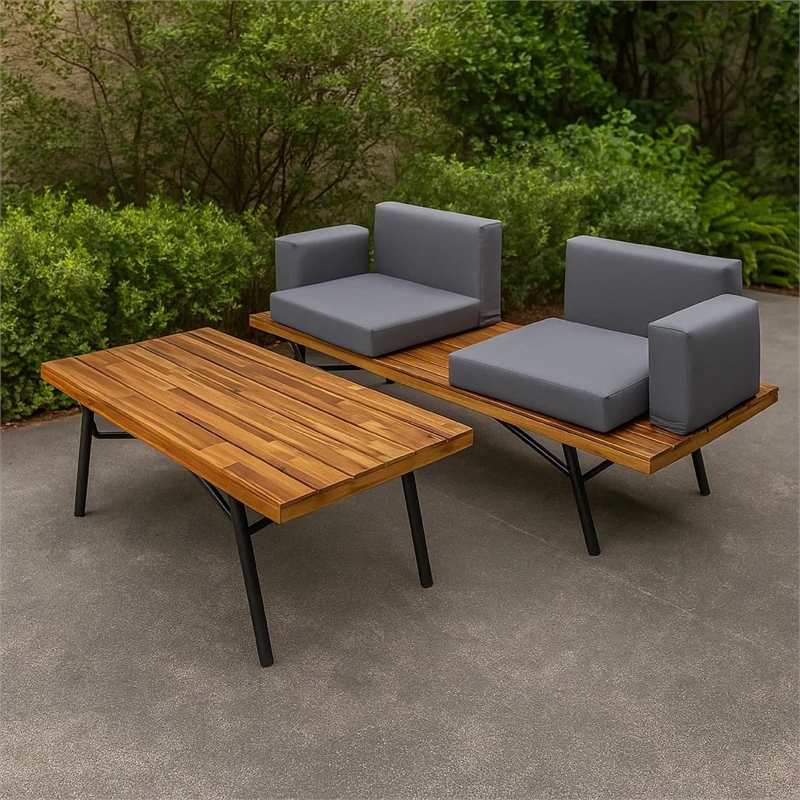 Benjara Outdoor Loveseat and Coffee Table Set- Acacia Wood- Black Iron- Gray