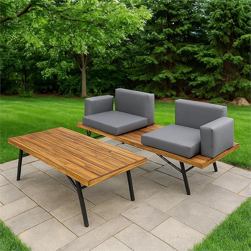 Benjara Outdoor Loveseat and Coffee Table Set- Acacia Wood- Black Iron- Gray