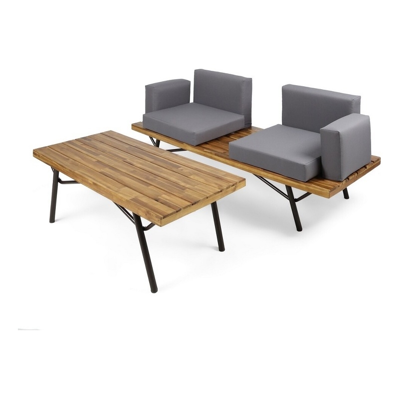 Benjara Outdoor Loveseat and Coffee Table Set- Acacia Wood- Black Iron- Gray