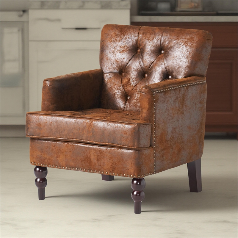 Benjara Lit Accent Chair with Classic Brown Button Tufted Microfiber Design