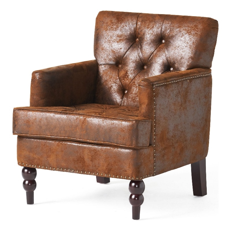 Benjara Lit Accent Chair with Classic Brown Button Tufted Microfiber Design