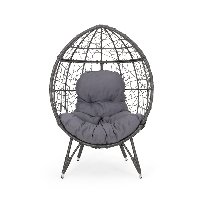Benjara Fam Outdoor Accent Chair- Cocoon Egg Shaped- Abstract Gray PE Rattan