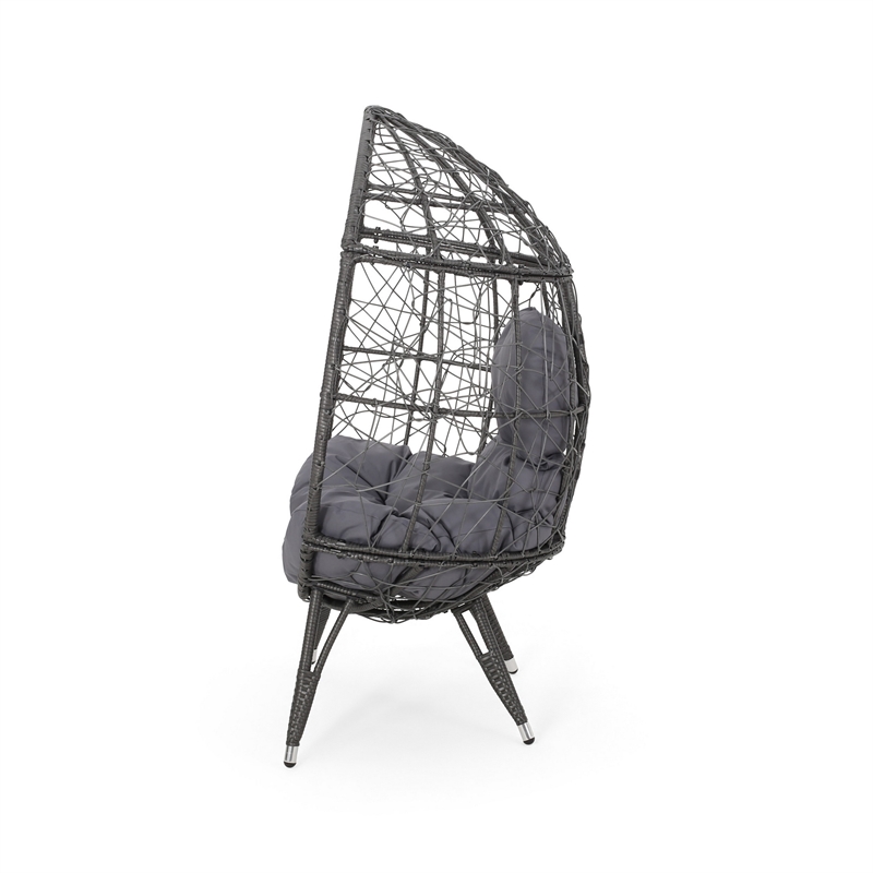 Benjara Fam Outdoor Accent Chair- Cocoon Egg Shaped- Abstract Gray PE Rattan