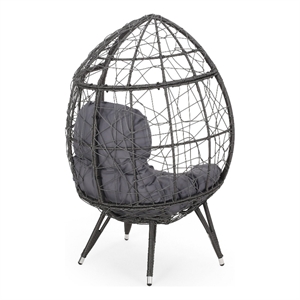 Benjara Fam Outdoor Accent Chair- Cocoon Egg Shaped- Abstract Gray PE Rattan