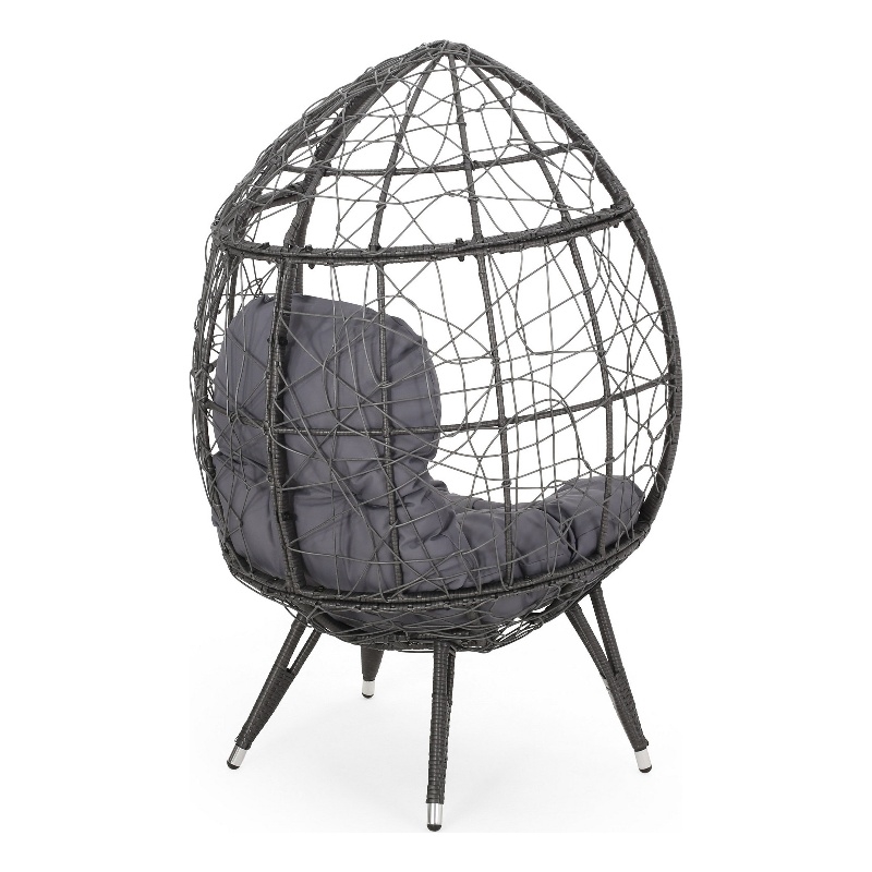 Benjara Fam Outdoor Accent Chair- Cocoon Egg Shaped- Abstract Gray PE Rattan