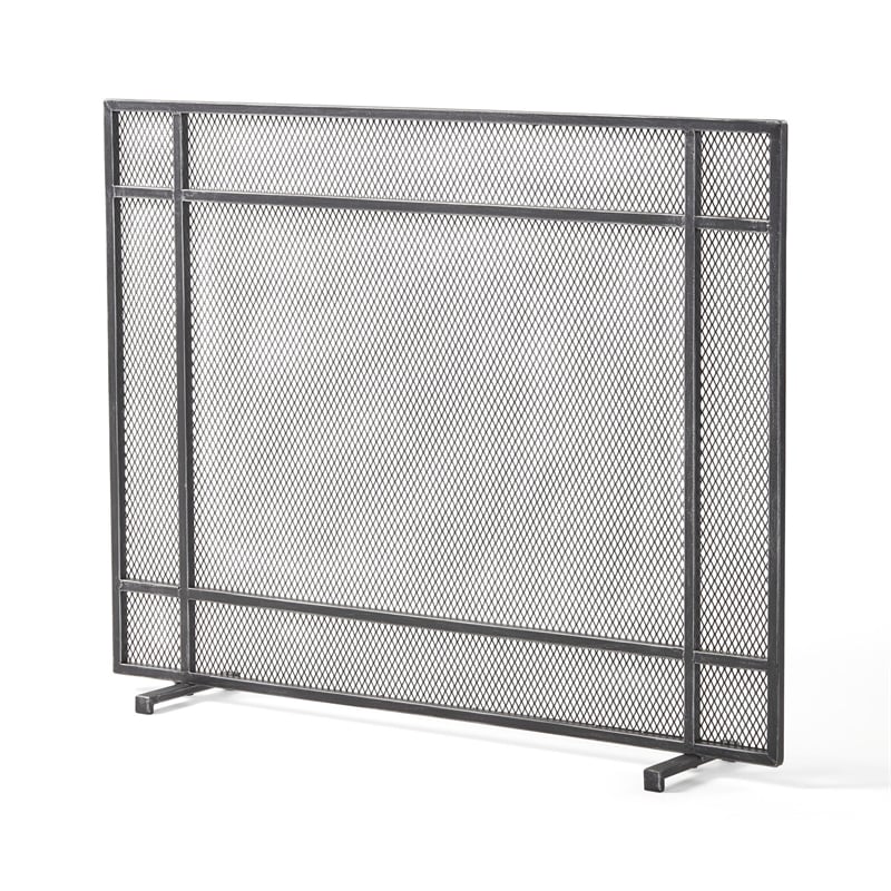 Benjara Hype Fireplace Screen with Mesh- Single Panel- Black and Silver
