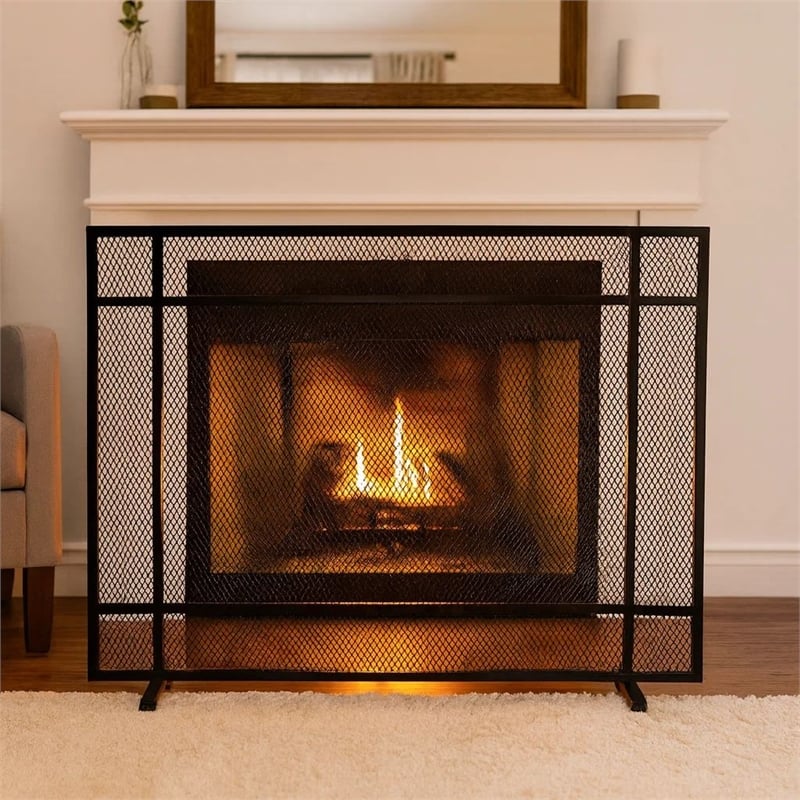 Benjara Hype Fireplace Screen with Mesh- Single Panel- Black and Silver