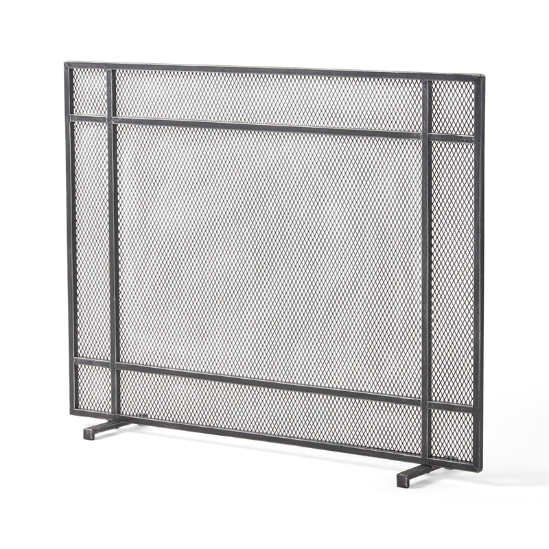 Benjara Hype Fireplace Screen with Mesh- Single Panel- Black and Silver