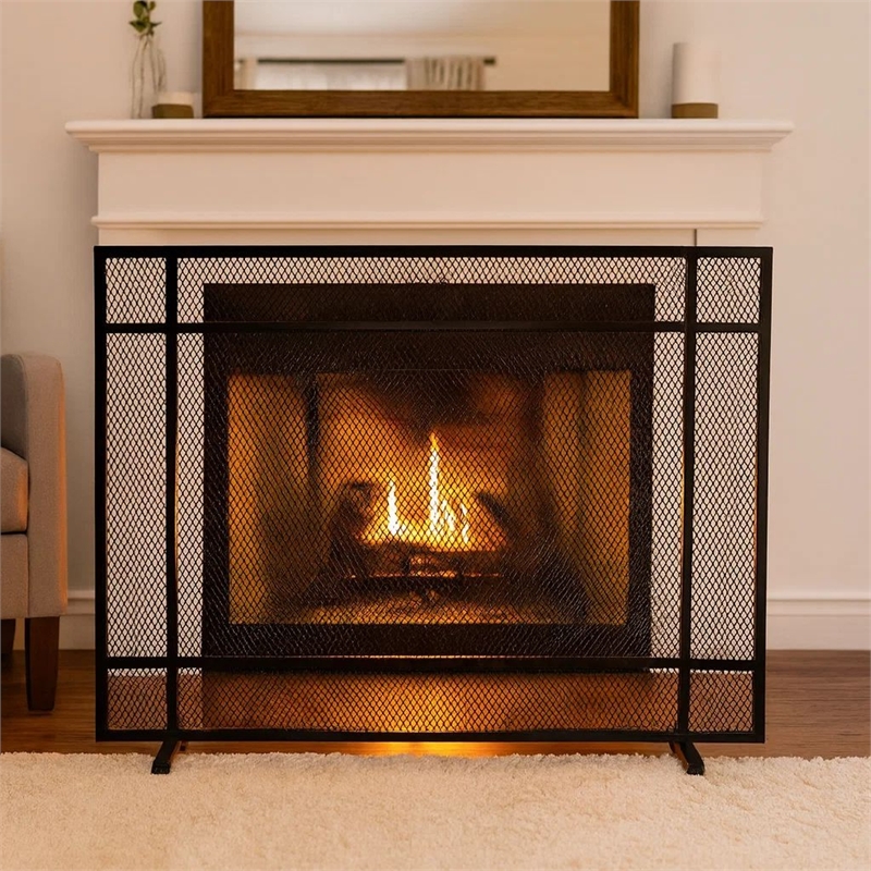 Benjara Hype Fireplace Screen with Mesh- Single Panel- Black and Silver