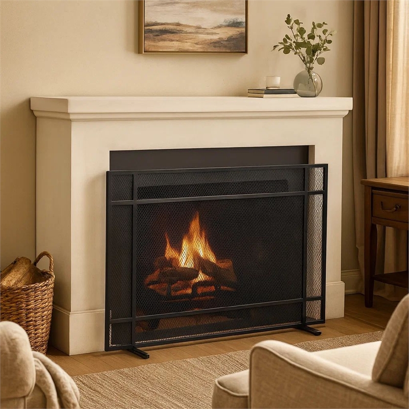 Benjara Hype Fireplace Screen with Mesh- Single Panel- Black and Silver