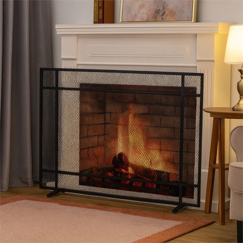 Benjara Hype Fireplace Screen with Mesh- Single Panel- Black and Silver