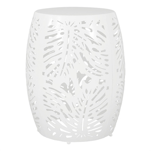 Benjara Miami Outdoor End Table Stool- Palm Leaf Pattern- White Iron- 17 Inch