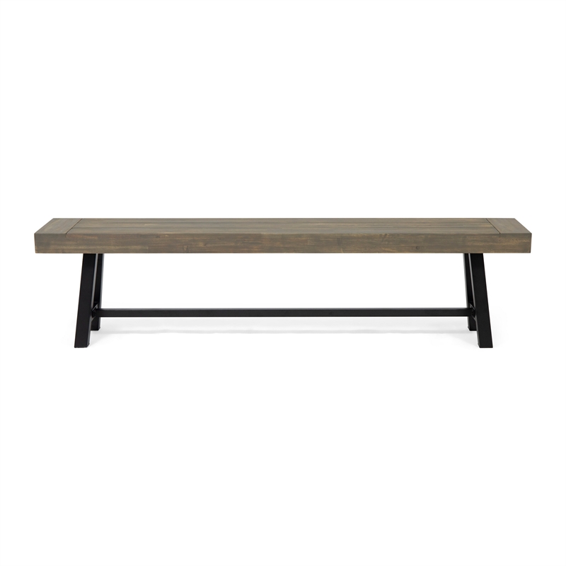 Benjara Leslee Outdoor Dining Bench- 74 Inch- Black Trestle Legs- Gray Wood