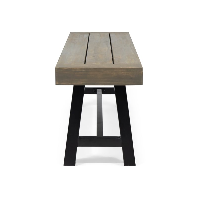 Benjara Leslee Outdoor Dining Bench- 74 Inch- Black Trestle Legs- Gray Wood