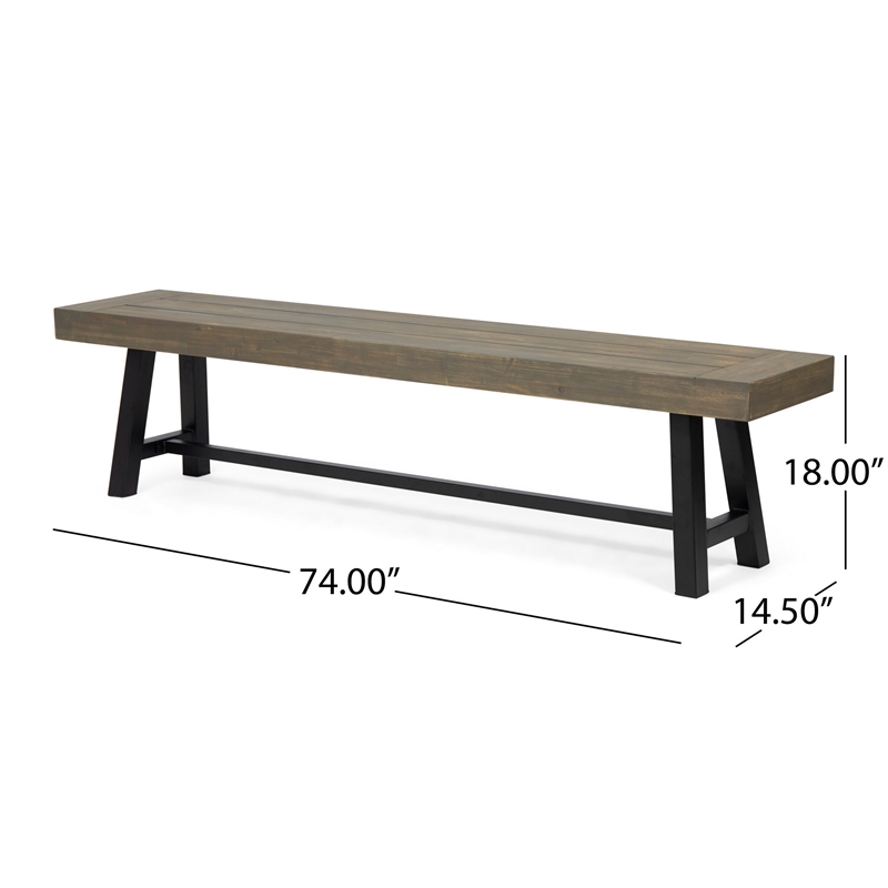 Benjara Leslee Outdoor Dining Bench- 74 Inch- Black Trestle Legs- Gray Wood