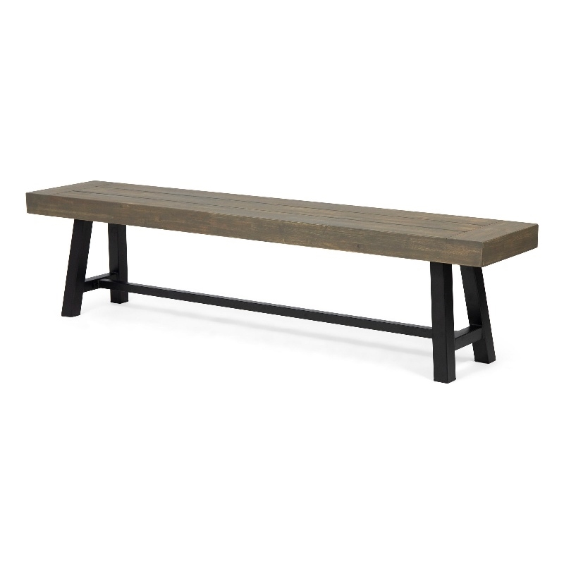 Benjara Leslee Outdoor Dining Bench- 74 Inch- Black Trestle Legs- Gray Wood