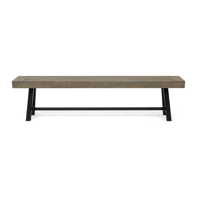 Benjara Leslee Outdoor Dining Bench- 74 Inch- Black Trestle Legs- Gray Wood